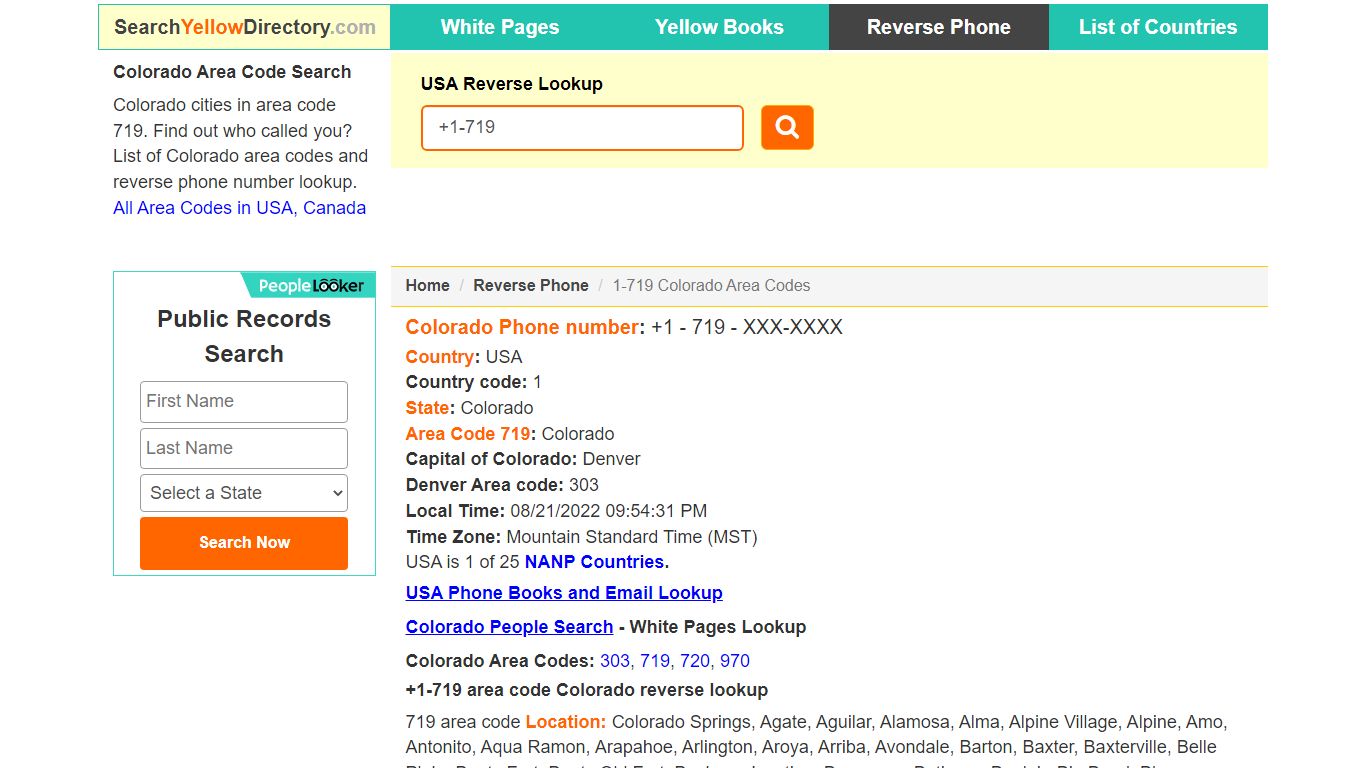 Colorado Area Code 719 Reverse Phone Number Lookup