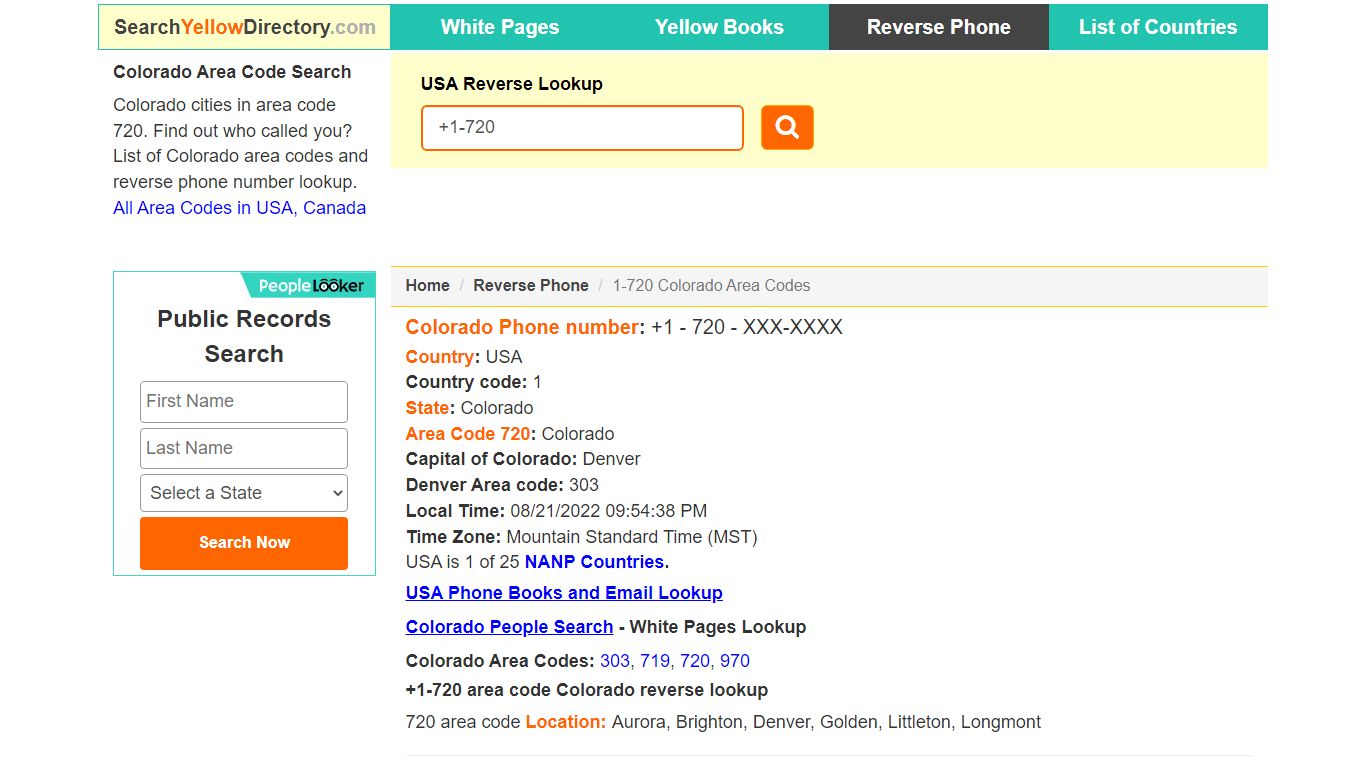 Colorado Area Code 720 Reverse Phone Number Lookup